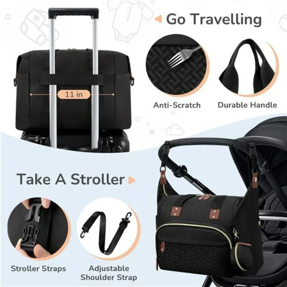 Black Diaper Bag Tote with Pacifier Case Insulated Pockets Travel Baby Hospital
